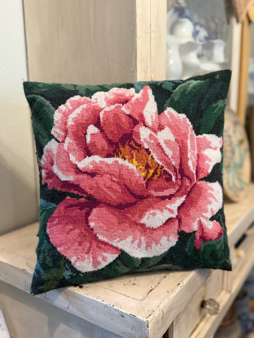 Vintage Double Sided Floral Needlepoint Pillow
